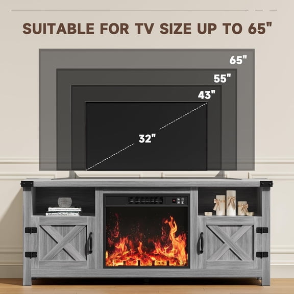 Fireplace TV Stand with Barn and Open Display Shelf, Farmhouse Media Console with Hidden Routing, Entertainment Center for Televisions to 65+ Inch, Gray Wash