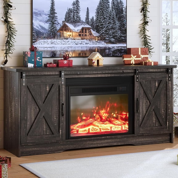 Fireplace TV Stand with Electric Fireplace for 65" TV, Farmhouse Entertainment Center with Sliding Barn Door, Adjustable Storage Cabinets, TV Console Table for Living Room, Dark Brown
