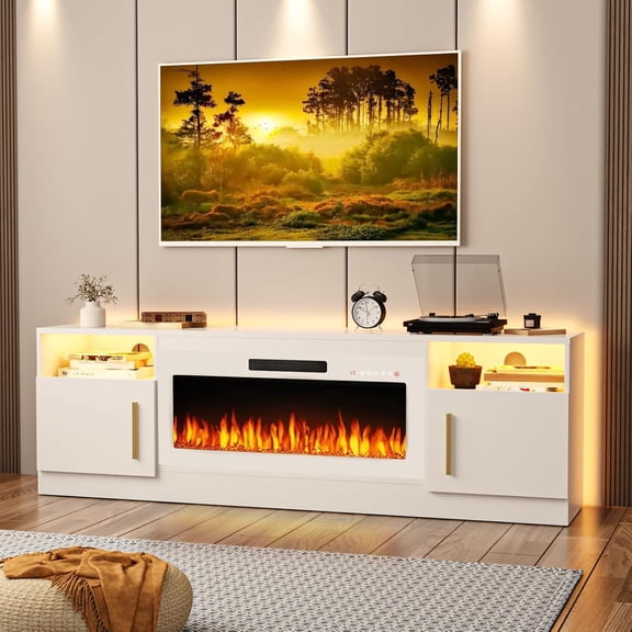 Fireplace TV Stand Entertainment Center with 36" Fireplace, 70" Wooden TV Stand for TVs Up to 80", Media TV Console with High Gloss Storage Cabinet and 16 Colors LED Lights (White and White)