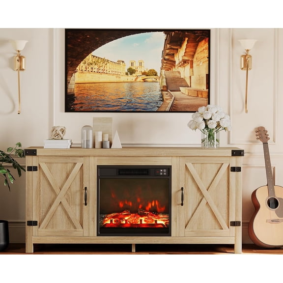 Fireplace TV Stand, Farmhouse Entertainment Center with Fireplace and Shelves, Double Barn Doors Storage Cabinets for TVs to 65+ Inch for Living Room (Pale Yellow)