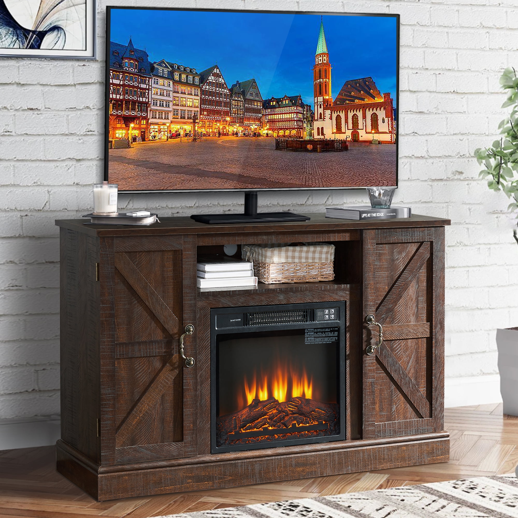 Fireplace TV Stand, Farmhouse TV Stand for 55" TVs with Electric