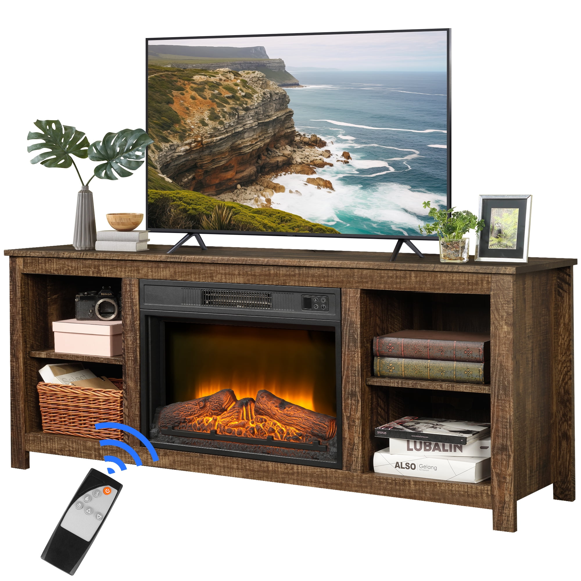 Fireplace TV Stand, Farmhouse TV Stand for 65" TVs with Electric