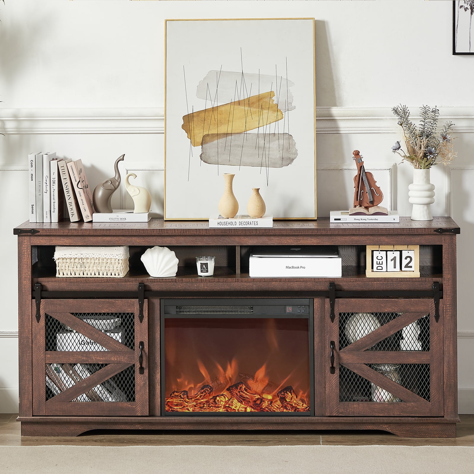 Fireplace TV Stand Farmhouse TV Stand for 75 Inch TV with 23