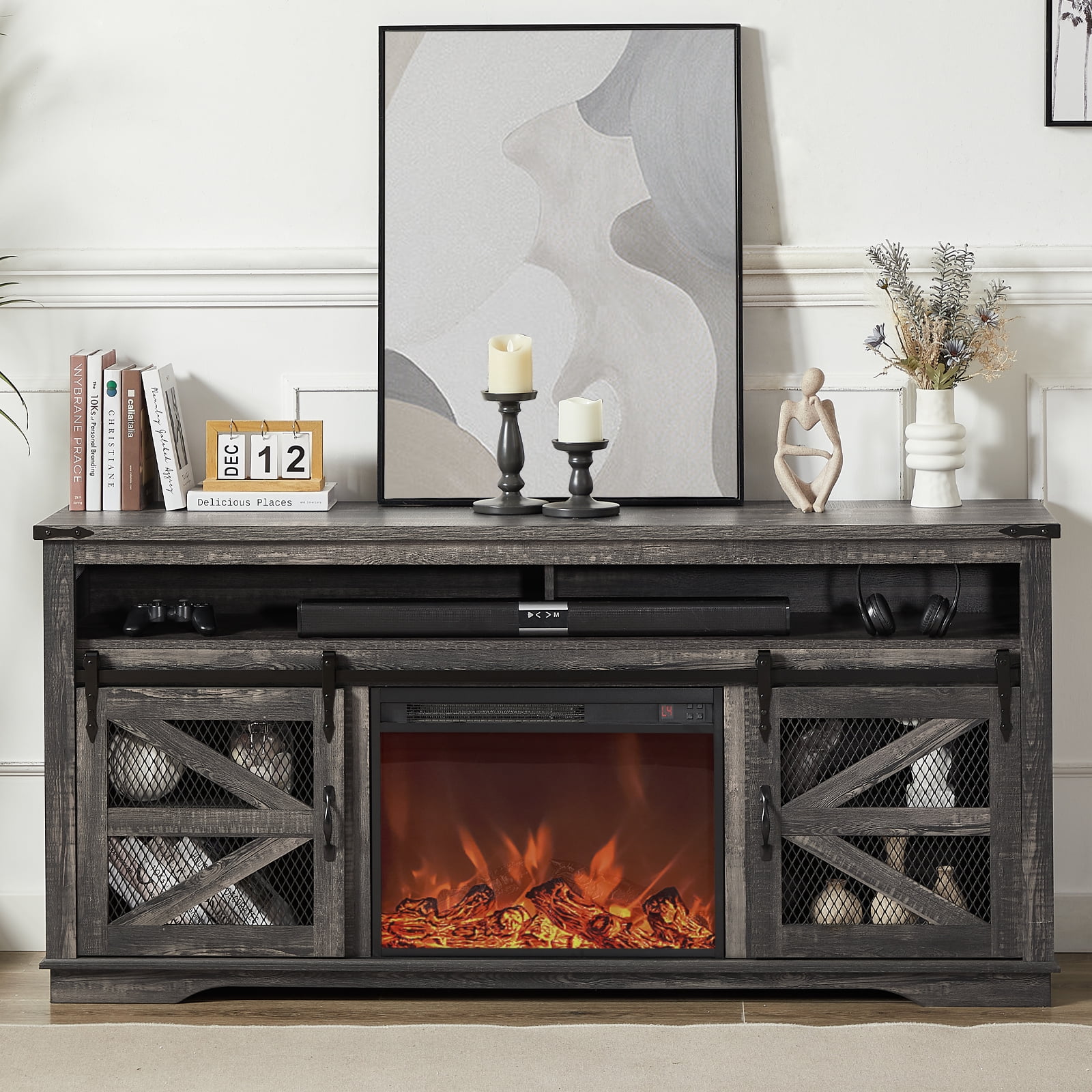 Fireplace TV Stand, Farmhouse TV Stand for 75 Inch TV with 23" Electric