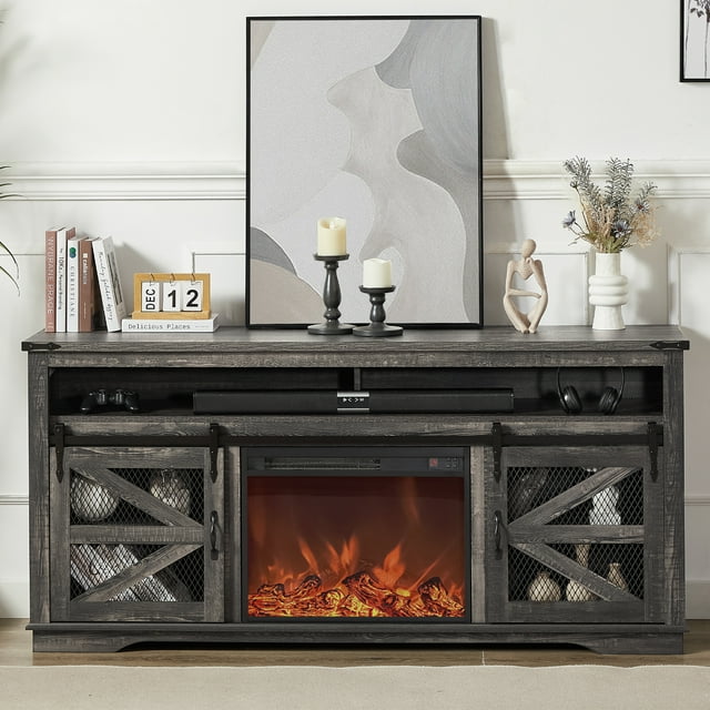Fireplace TV Stand, Farmhouse TV Stand for 75 Inch TV with 23" Electric