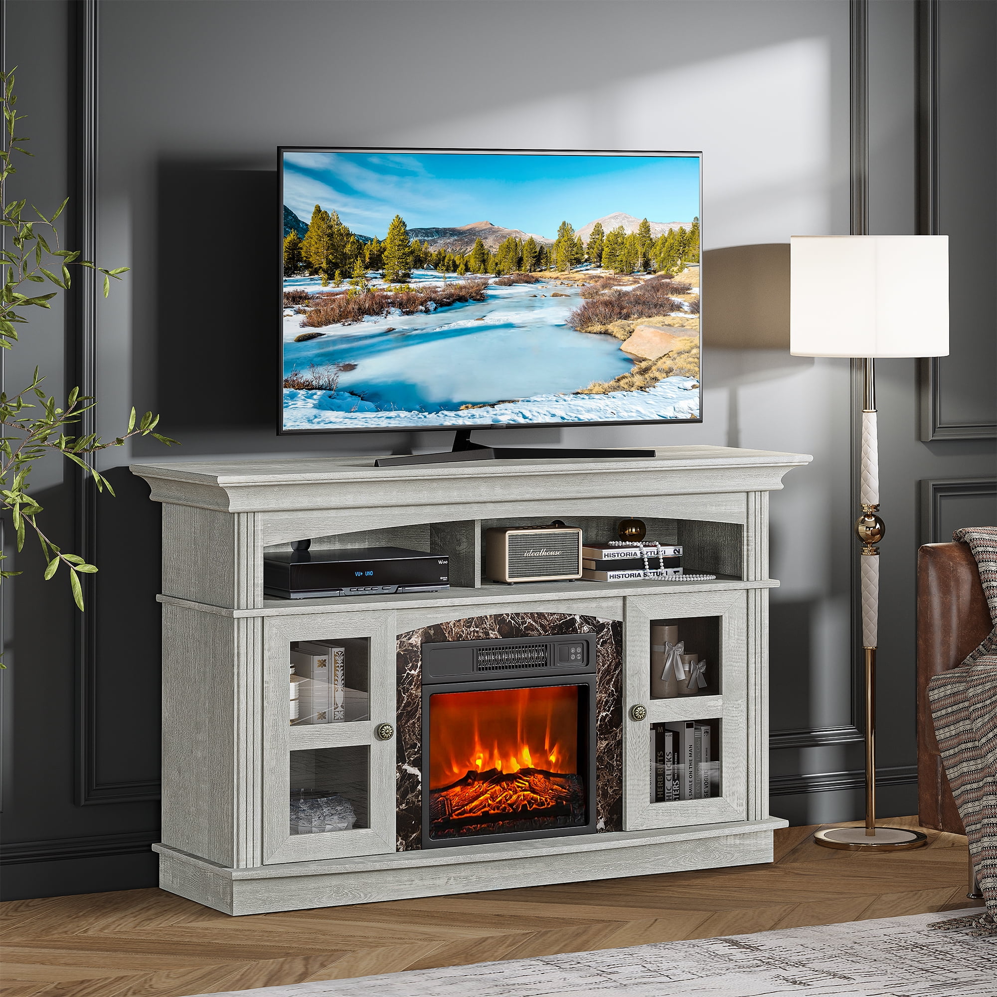 Fireplace TV Stand, Grey Entertainment Center Console Table for TV up to 60  Inch, Wood TV Stand with 18 Inch Electric Fireplace, Two Open Shelves and  Cabinets for Storage-Oak Grey - Walmart.com
