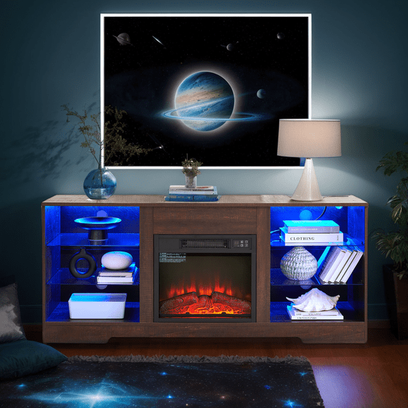 CKEASEAN Electric Fireplace TV Stand with 18" Fireplace Inserts, 58 inch Led Entertainment Center for TVs Up to 65", TV Media Console with Glass Shelves and Storage Cabinet for Living Room