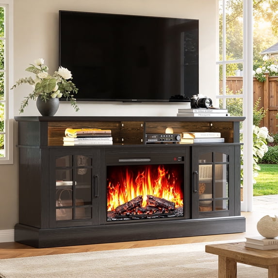 PAPROOS Fireplace TV Stand with LED Lights for 65" TVs, Electric Entertainment Center with 23'' Fireplace, for 400 Sqt Heating Area,Black Tabletop&Black Cabinets