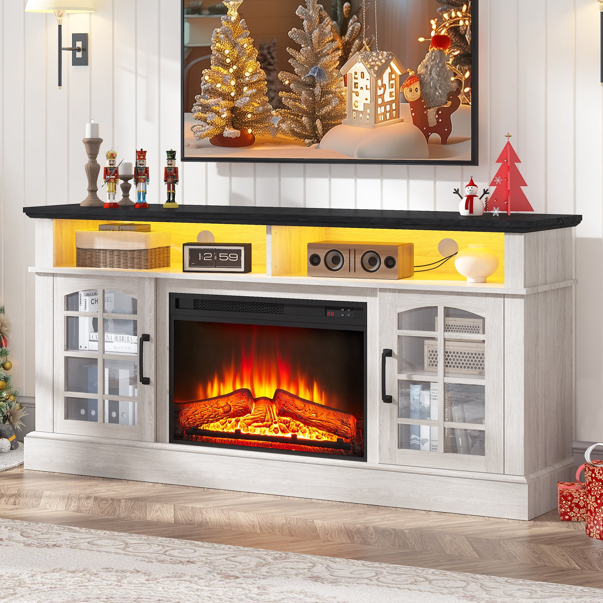 Paproos Fireplace TV Stand for 65 inch TV with LED Lights, 32.0in Tall TV Stand with 23'' Electric Fireplace, Entertainment Center for Living Room, 400 Sqt Heating Area, Black Tabletop&White Cabinet