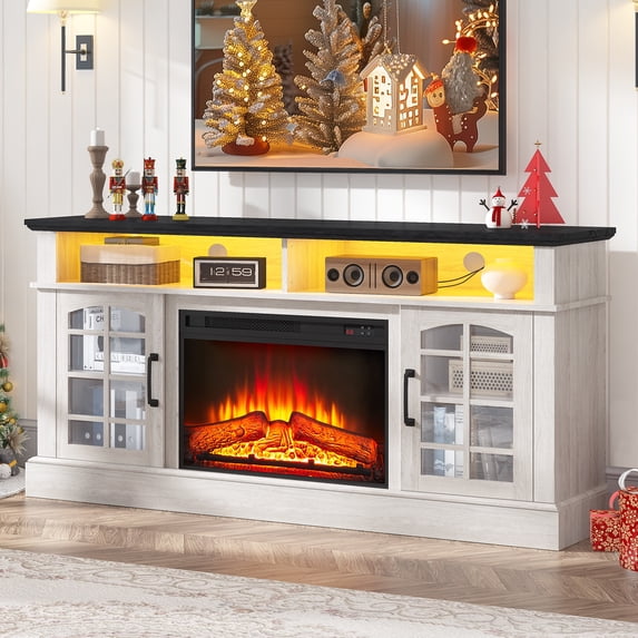 Paproos Fireplace TV Stand for 65 inch TV with LED Lights, 32.0in Tall TV Stand with 23'' Electric Fireplace, Entertainment Center for Living Room, 400 Sqt Heating Area, Black Tabletop&White Cabinet