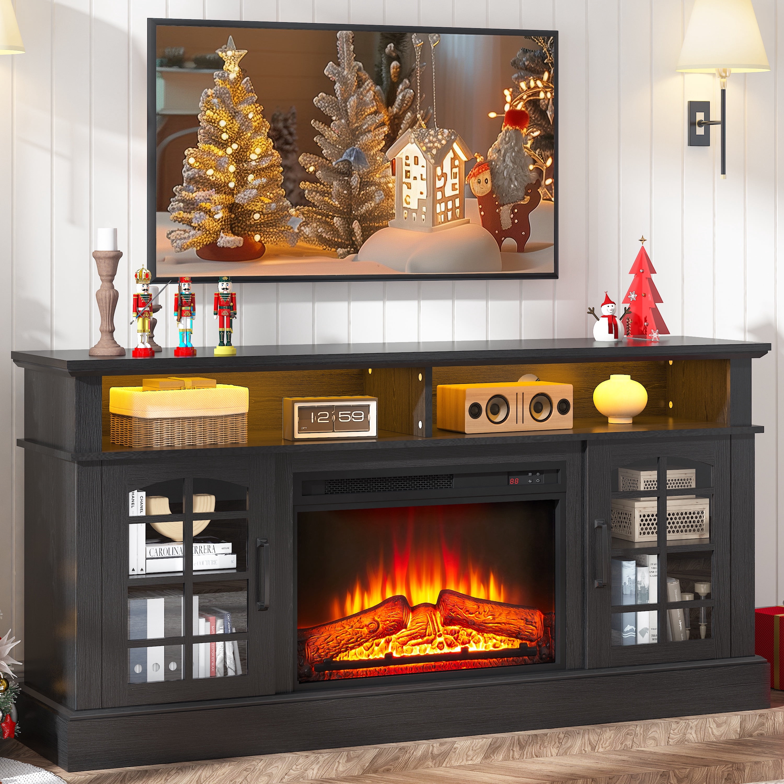 Paproos Fireplace TV Stand for 65 inch TV with LED Lights, 32.0in Tall TV Stand with 23'' Electric Fireplace, Entertainment Center for Living Room, 400 Sqt Heating Area,Black Tabletop&Black Cabinets