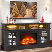 Paproos Fireplace TV Stand for 65 inch TV with LED Lights, 32.0in Tall TV Stand with 23 Electric Fireplace, Entertainment Center for Living Room, 400 Sqt Heating Area,Black Tabletop&Black Cabinets