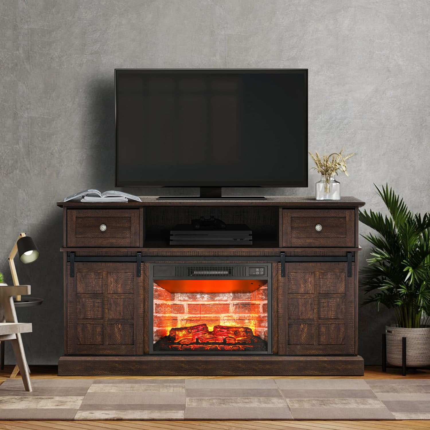 Fireplace TV Stand, Modern Farmhouse Wood Entertainment Center for 65