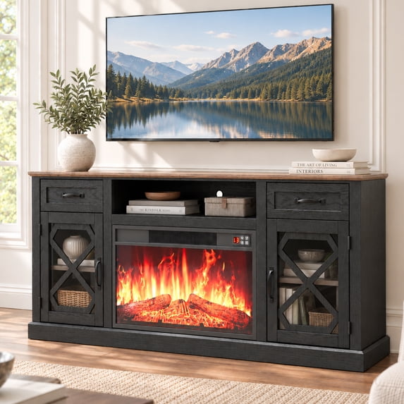 LEGAHOME Black Fireplace TV Stand for 65 inch TV, Farmhouse 59in Entertainment Center with 23in Electric Fireplace, 2 Drawers and Glass Door, for 400Sqt Heating Area