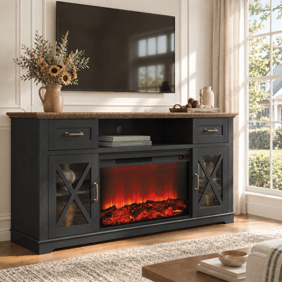 LEGAHOME 2-in-1 Multifunctional Fireplace TV Stand with 30" Removable Electric Fireplace for 70" TVs, 63" Farmhouse Electric Entertainment Center with 2 Drawers, Black