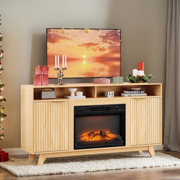 58in Fireplace TV Stand - Seizeen TV Stand Cabinet for TVs up to 65", Entertainment Center with 2 Cabinets & 2 Storage Shelves, Media TV Console with Virtual Flame Fireplace, Raised Foot Design