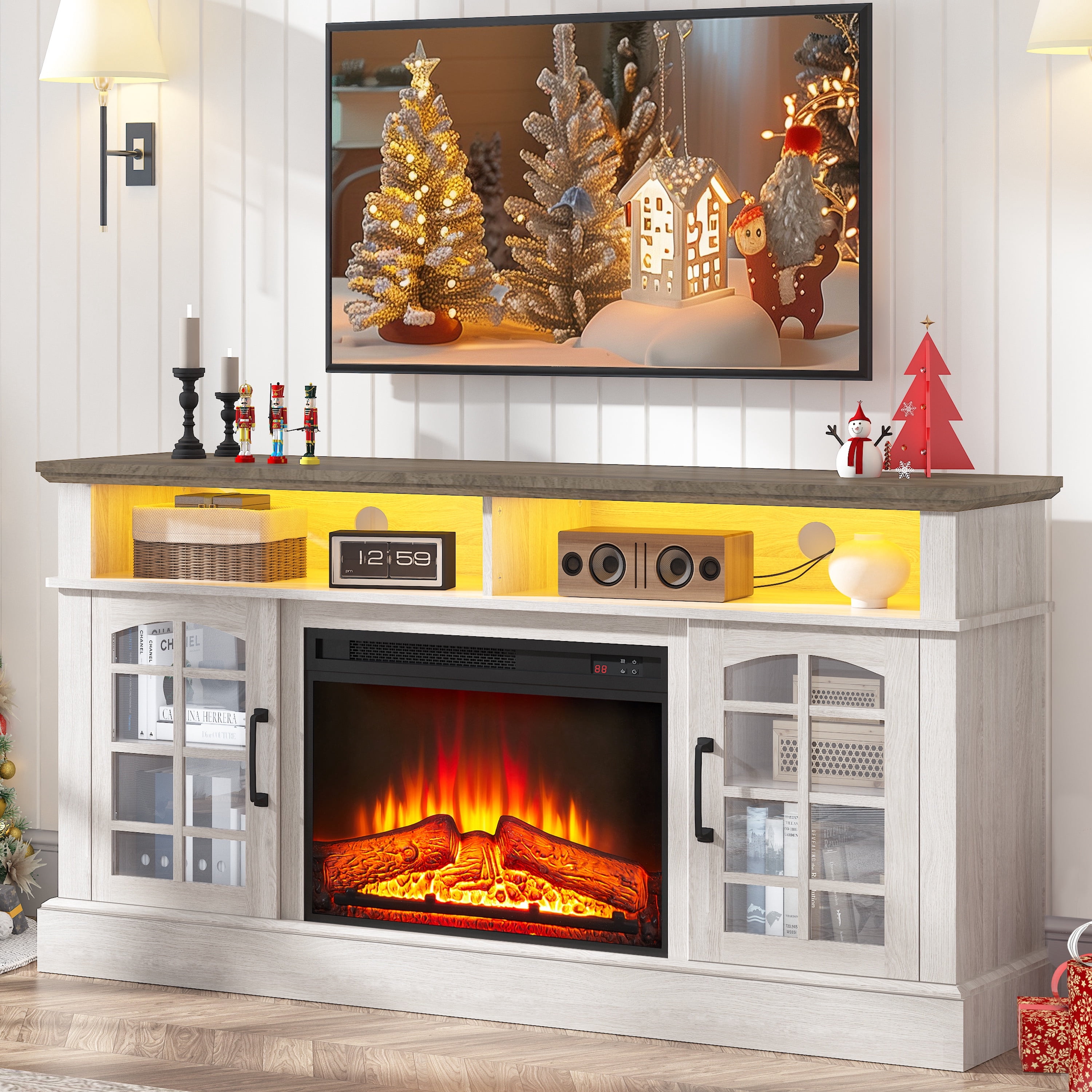 Paproos Fireplace TV Stand for 65 inch TV with LED Lights, 32.0in Tall TV Stand with 23'' Electric Fireplace, Entertainment Center for Living Room, 400 Sqt Heating Area, Brown Tabletop&White Cabinet