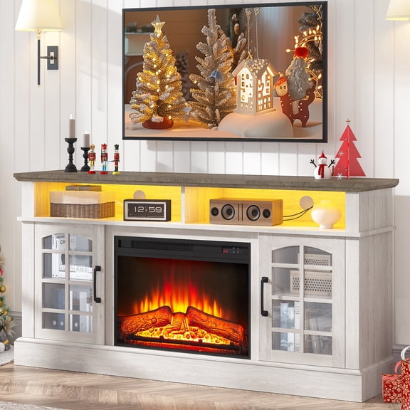 Paproos Fireplace TV Stand for 65 inch TV with LED Lights, 32.0in Tall TV Stand with 23'' Electric Fireplace, Entertainment Center for Living Room, 400 Sqt Heating Area, Brown Tabletop&White Cabinet