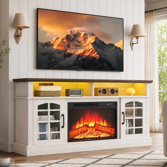 Paproos Fireplace TV Stand for 65 inch TV with LED Lights, 32.0in Tall TV Stand with 23'' Electric Fireplace, Entertainment Center for Living Room, 400 Sqt Heating Area, Brown Tabletop&White Cabinet