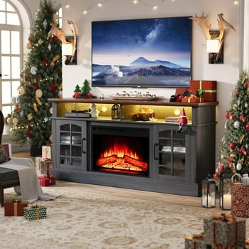 Paproos Fireplace TV Stand for 65 inch TV, TV Stand with 23'' Fireplace and LED Lights, Entertainment Center for Living Room, 400 Sqt Heating Area, Black&Brown