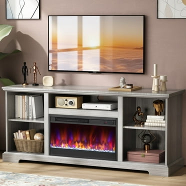 Fireplace TV Stand, TV Stand for 60 Inch TVs with Electric Fireplace, Entertainment Center Television Table for Living Room, with Remote Control Fireplace, Gray