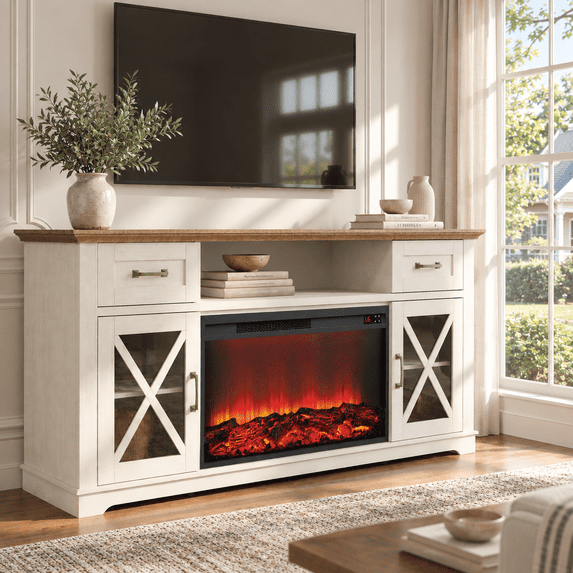 LEGAHOME 2-in-1 Multifunctional Fireplace TV Stand with 30" Removable Electric Fireplace for 70" TVs, 63" Farmhouse Electric Entertainment Center with 2 Drawers, White