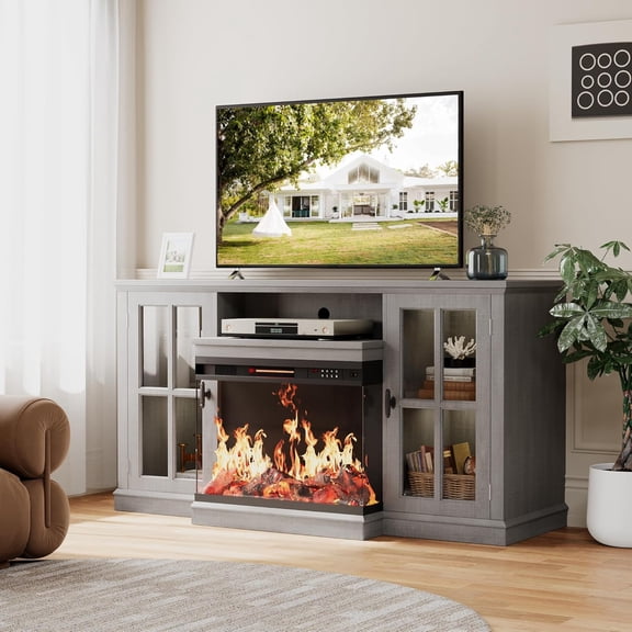 Fireplace TV Stand for TVs up to 65'', 3-Sided Glass Media Entertainment Center Console with Storage, Adjustable Flame LED Color for Living Room (Grey)