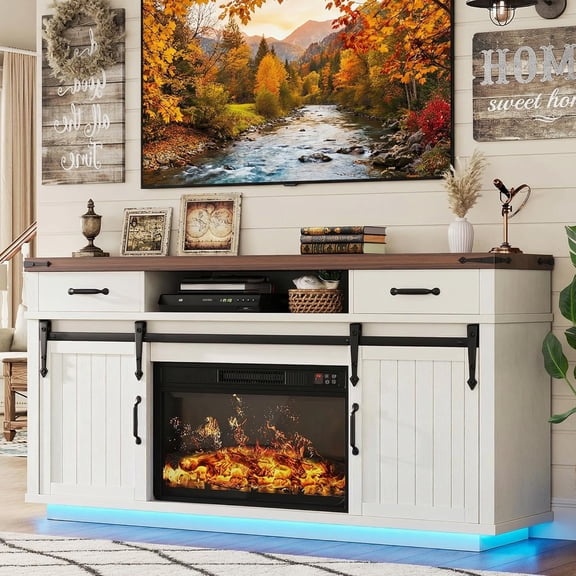 Fireplace TV Stand for TVs up to 65", Electric Fireplace with 3D Flame, Farmhouse LED Light Entertainment Center with Sliding Barn Door, Media Console with Storage Cabinets for Living Room (White)
