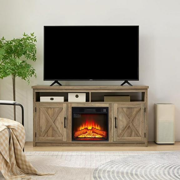 Fireplace TV Stand for TVs Up to 65'', Farmhouse Entertainment Center with 18" Electric Fireplace, Rustic Media Console with Barn Door, Storage Cabinets & Open Shelves for Living Room, Gray