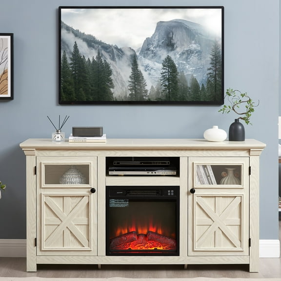Fireplace TV Stand for TVs up to 65", Farmhouse Entertainment Center with 18" Fireplace and Storage Cabinets, Media Console Table with Barn Doors for Living Room, White