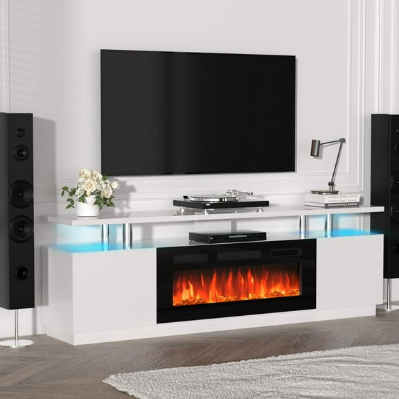 Fireplace TV Stand for for TVs up to 70", Media TV Console Entertainment Center with 36" Electric Fireplace & LED Lights, 12 Flame Colors, 1500W Heater, Storage Cabinet for Living Room, White