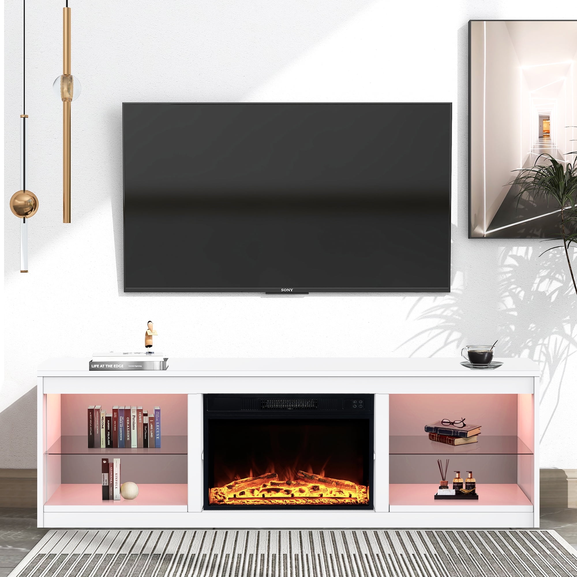 IHOMEadore Fireplace TV Stand for TVs up to 75 Inch, 66 Inch Entertainment Console with 23" Electric Fireplace