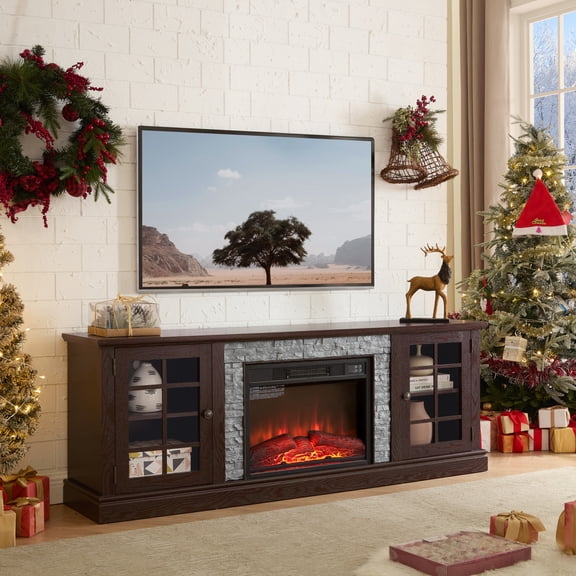 Fireplace TV Stand for TVs Up to 75", Farmhouse Entertainment Center with Electric Fireplace, Media Console Table with Cabinet and Shelves for Living Room, Cherry