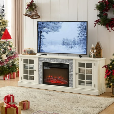Fireplace TV Stand for TVs Up to 75", Farmhouse Entertainment Center with Electric Fireplace, Media Console Table with Cabinet and Shelves for Living Room, White