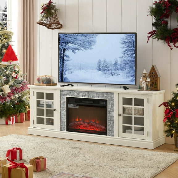 Fireplace TV Stand for TVs Up to 75", Farmhouse Entertainment Center with Electric Fireplace, Media Console Table with Cabinet and Shelves for Living Room, White