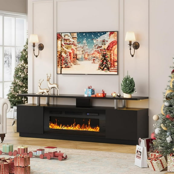 Fireplace TV Stand for  for TVs up to 80", Media TV Console Entertainment Center with 36" Electric Fireplace & LED Lights, 12 Flame Colors, 1500W Heater, Storage Cabinet for Living Room, Black