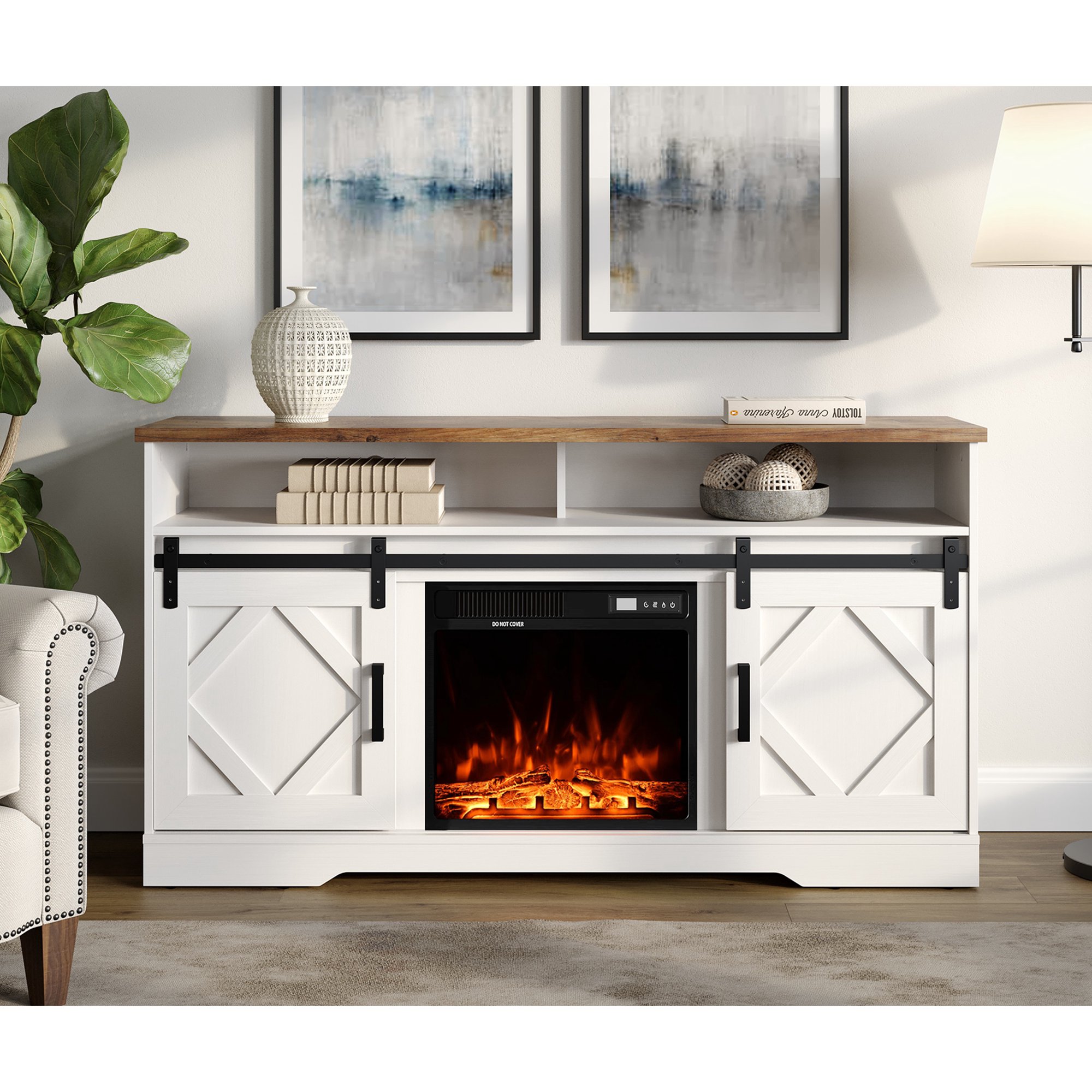 Fireplace TV Stand for TVs Up to 65 Inch, Farmhouse Wood Electric Fireplace TV  Console, Entertainment Center with Storage, Sliding Barn Door, 2 Heating  Mode, 5 Brightness for Living Room, White - Walmart.com