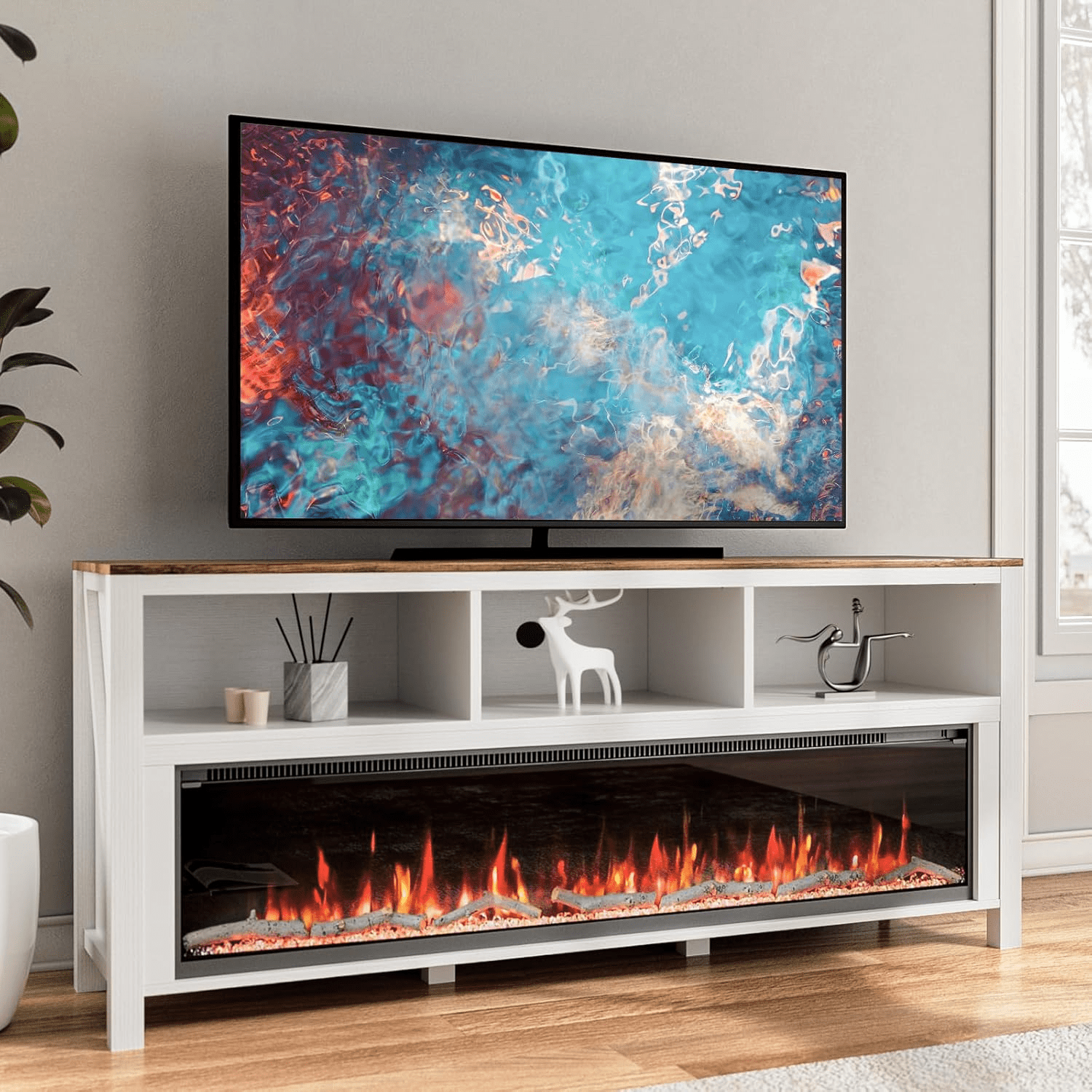 Fireplace TV Stand for TVs Up to 70 Inch Farmhouse Entertainment Center with 60" Electric ...