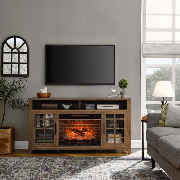 Fireplace TV Stand for Television up to 65" with 23" Electric Fireplace Heater, Entertainment Center with Cabinet and Shelves, 55" Media Console for Living Room