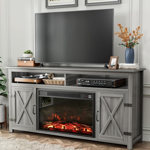 Fireplace TV Stand for Television up to 65+ Inch with Storage and Farmhouse Barn Doors, Entertainment Center with Cabinet and Shelves, Media Console for Living Room, Gray WashFireplace