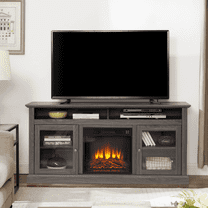 Fireplace TV Stand for Television Up to 65", Wood Console Table with Glass Doors and Storage, Farmhouse Entertainment Center with Electric Fireplace, for Living Room
