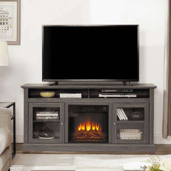 Fireplace TV Stand for Television Up to 65", Wood Console Table with Glass Doors and Storage, Farmhouse Entertainment Center with Electric Fireplace, for Living Room