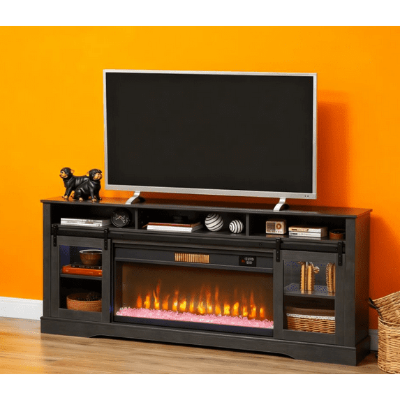 Fireplace TV Stand for Television up to 71'' with Storage and Farmhouse Sliding Barn Doors, Entertainment Center with Cabinet and Shelves, Media Console for Living Room, Gray