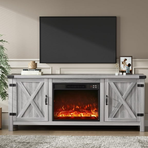 Fireplace TV Stand with Two Barn Doors and Storage Cabinets for Televisions up to 65+ Inch, Entertainment Center Console Table, Media Furniture for Living Room, 58 Inch, Gray Wash