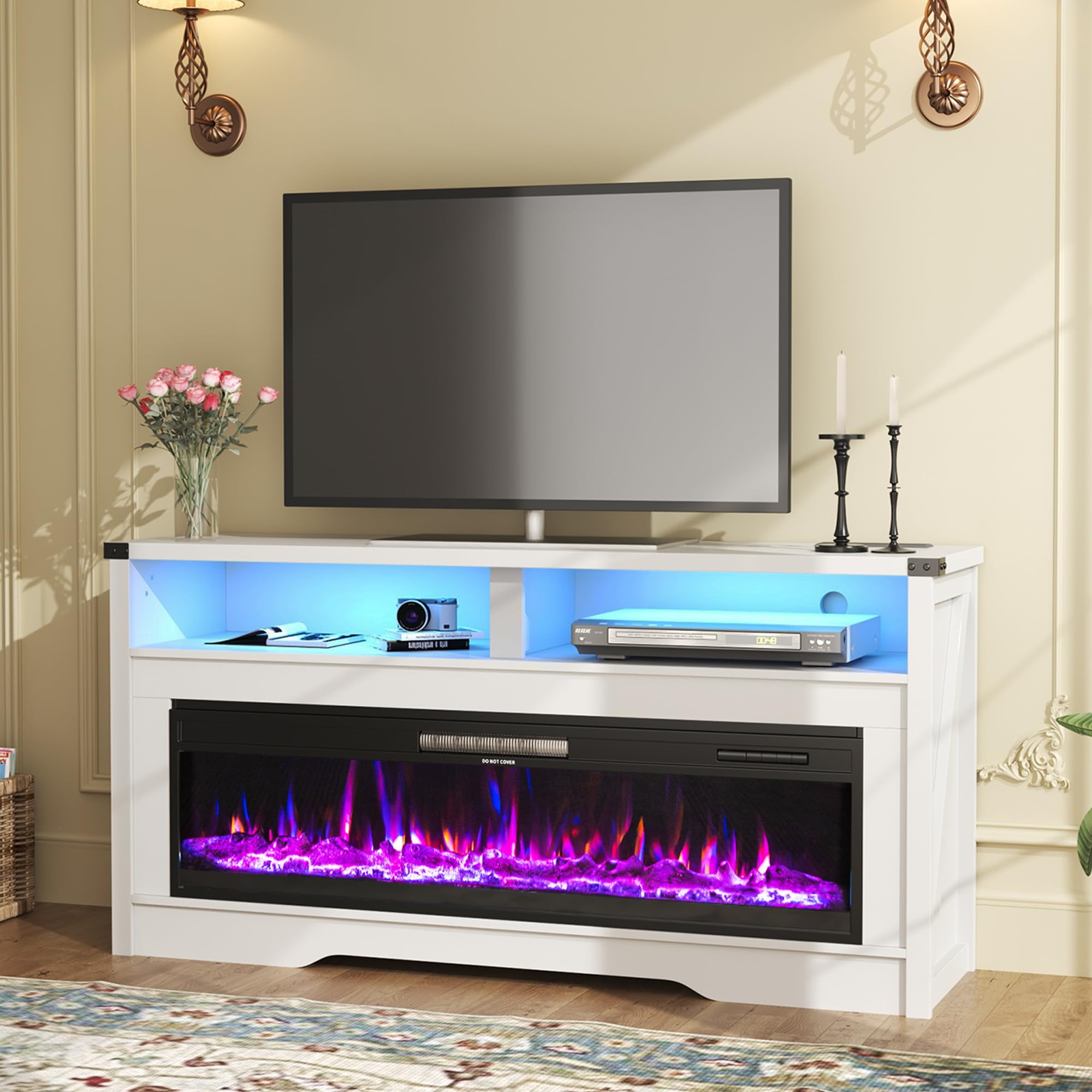 Fireplace TV Stand, Wood Texture 50" Electric Fireplace with Highlight Storage Cabinet, LED Light Entertainment Center, for TVs Up to 65"(White)