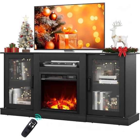 Fireplace TV Stand for 65" TV, Entertainment Center with 3D Realistic Flame Electric Fireplace, TV Console with Open Shelves for Living Room, Black