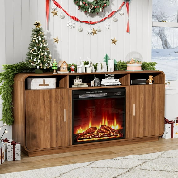 Fireplace TV Stand for 65" TVs, Rustic Entertainment Center with 23" Electric Fireplace, Storage Cabinets & Shelves