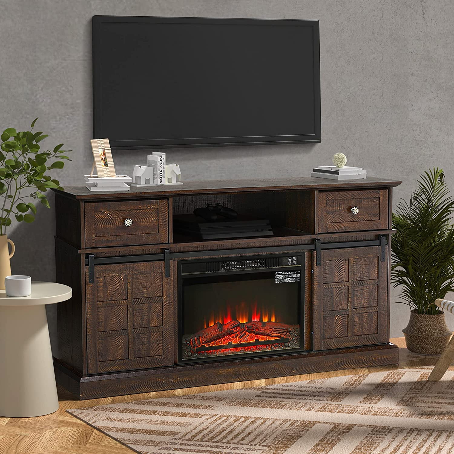 Modern Farmhouse Fireplace TV Stand Entertainment Center for TVs up to
