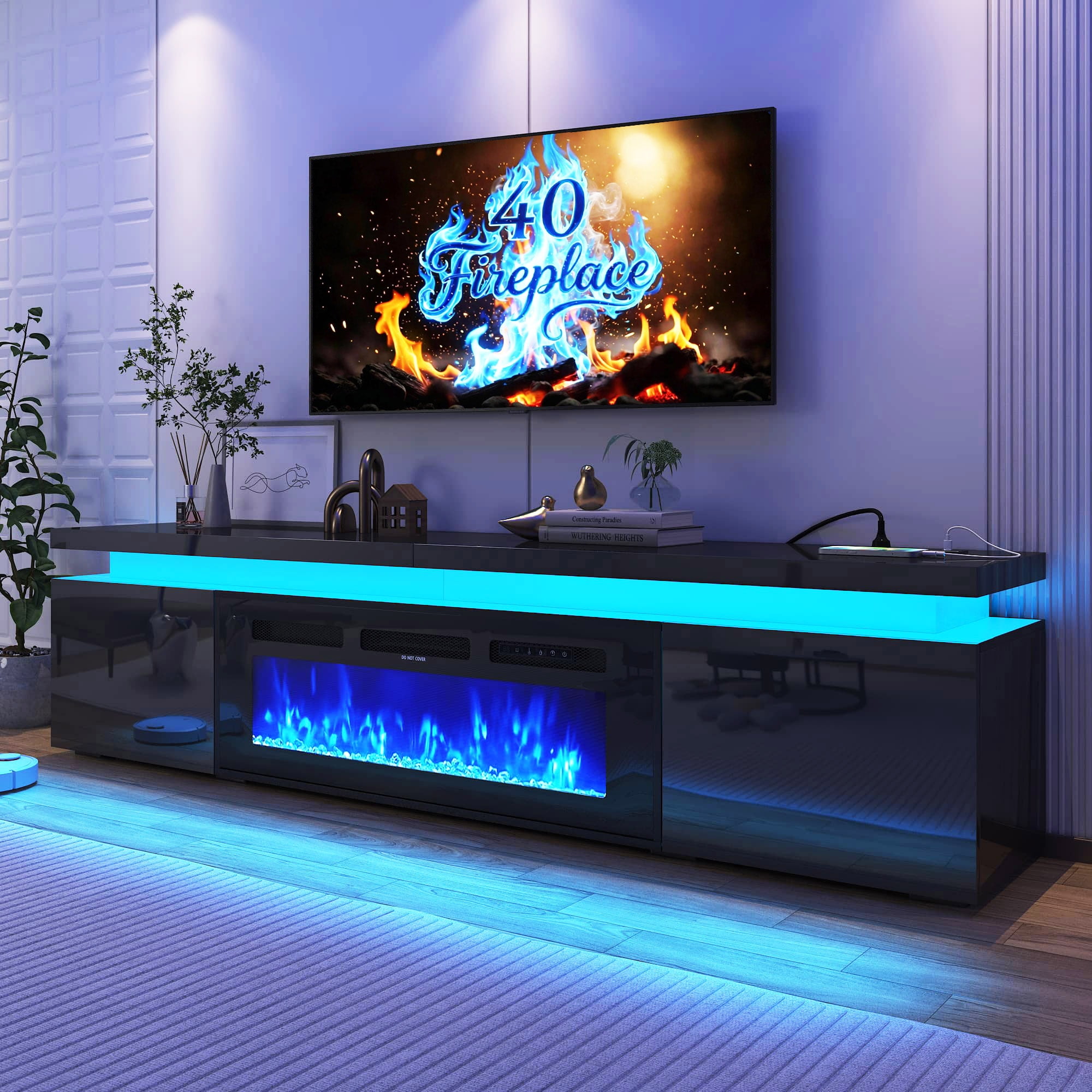 Fireplace TV Stand for 70" 75" 80" with LED Light & Outlets, 70" Large Entertainment Center Gaming Soundbar Shelf with 40'' Electric Fireplace