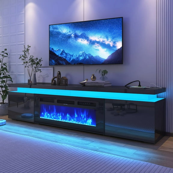 Fireplace TV Stand for 70" 75" 80" with LED Light & Outlets, 70" Large Entertainment Center Gaming Soundbar Shelf with 40'' Electric Fireplace